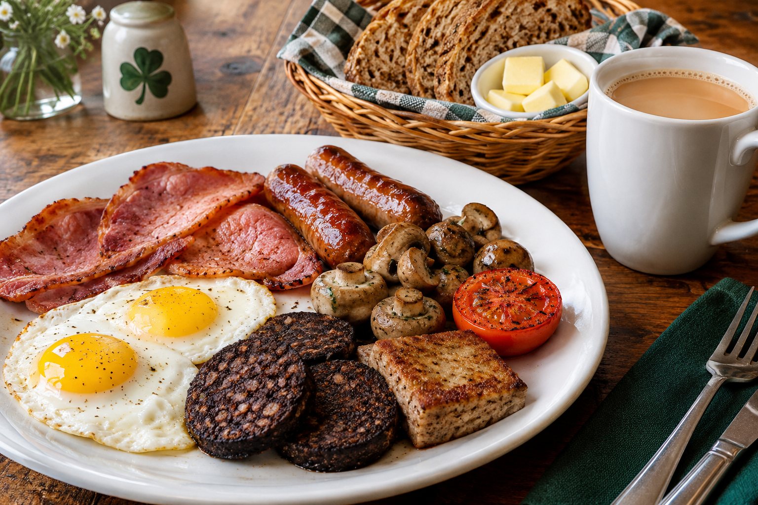 A full Irish breakfast on a white plate: rashers, sausages, two fried eggs, black pudding, mushrooms, a grilled tomato and soda bread, with a basket of brown bread, butter and a mug of tea